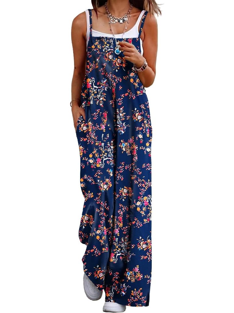 Women's Navy Summer Bohemian Floral Jumpsuits Casual Wide Leg Romper Sleeveless